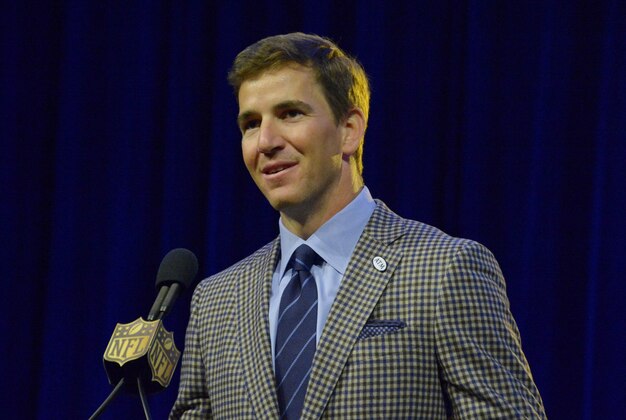Feb 5, 2016; San Francisco, CA, USA; New York Giants quarterback Eli Manning during the Walter Payton man of the year press conference at Moscone Center in advance of Super Bowl 50 between the Carolina Panthers and the Denver Broncos. Mandatory Credit: Kirby Lee-USA TODAY Sports