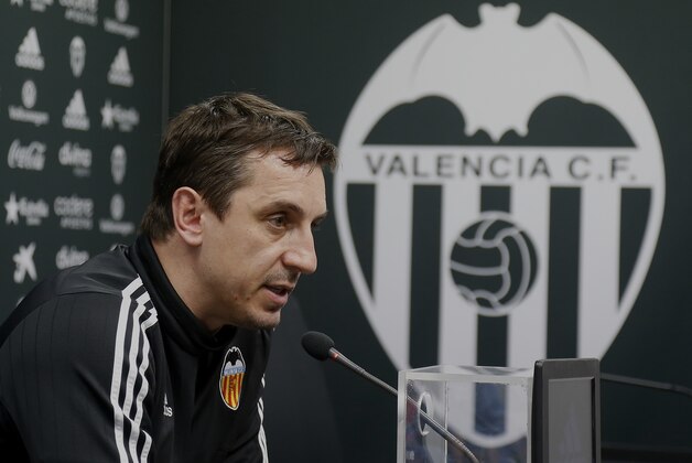 VALENCIA, SPAIN - FEBRUARY 09:  Gary Neville manager of Valencia CF faces the media during a press conference ahead of Wednesday's Copa del Rey Semi Final, second leg match between Valencia CF and FC Barcelona at Paterna Training Centre on February 9, 2016 in Valencia, Spain.  (Photo by Manuel Queimadelos Alonso/Getty Images)