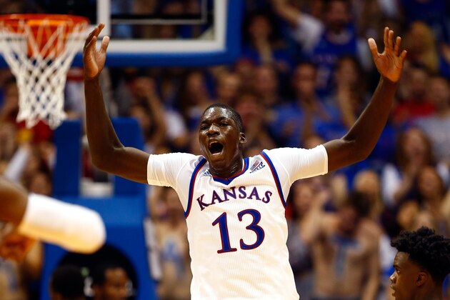 LAWRENCE, KS - DECEMBER 01:  Cheick Diallo #13 of the Kansas Jayhawks reacts after a dunk during the 2nd half of the game against the Loyola (Md) Greyhounds at Allen Fieldhouse on December 1, 2015 in Lawrence, Kansas.  (Photo by Jamie Squire/Getty Images)