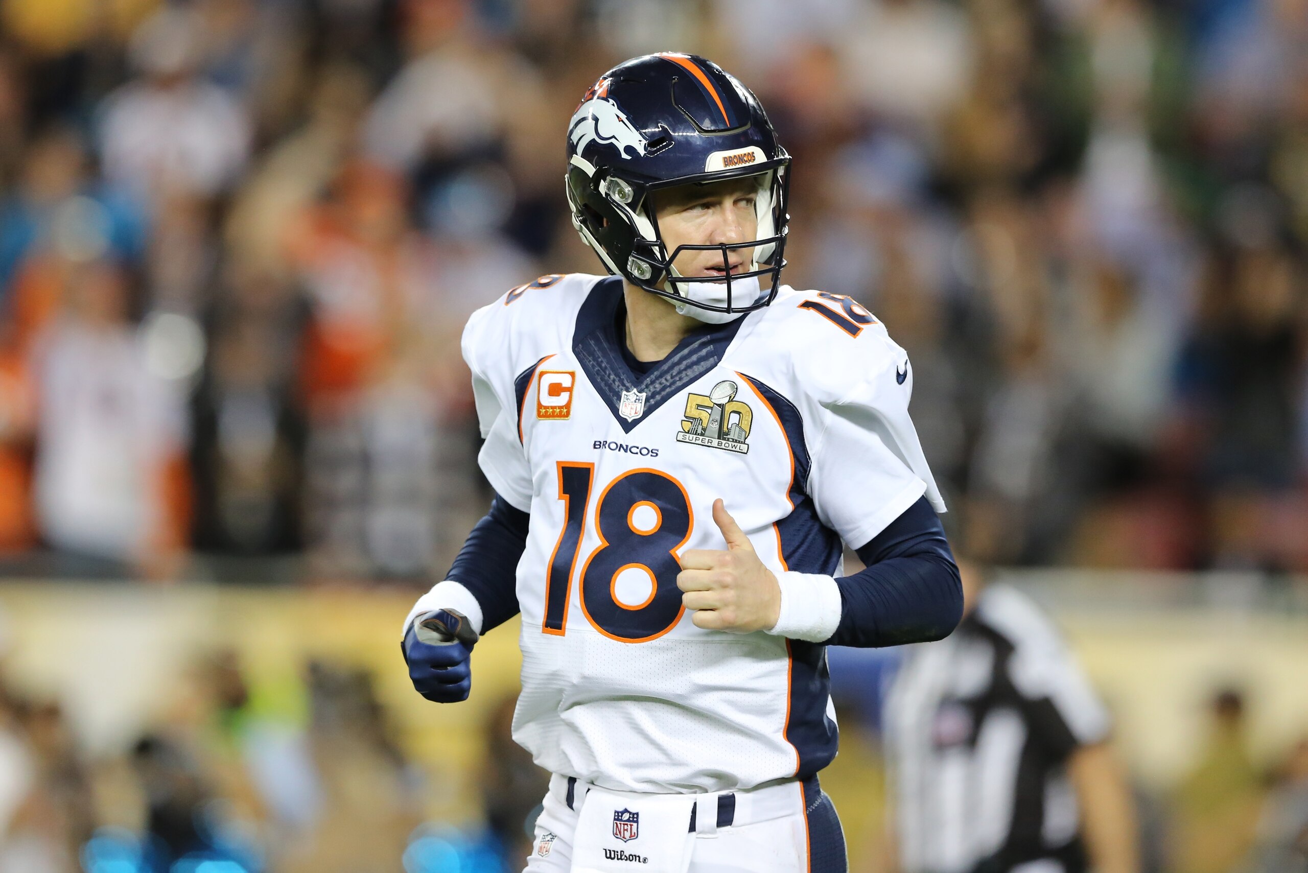 Denver Broncos’ Peyton Manning #18 in action against the Carolina Panthers during the NFL Super Bowl 50 football game Sunday, Feb. 7, 2016, in Santa Clara, Calif.  (AP Photo/Gregory Payan)