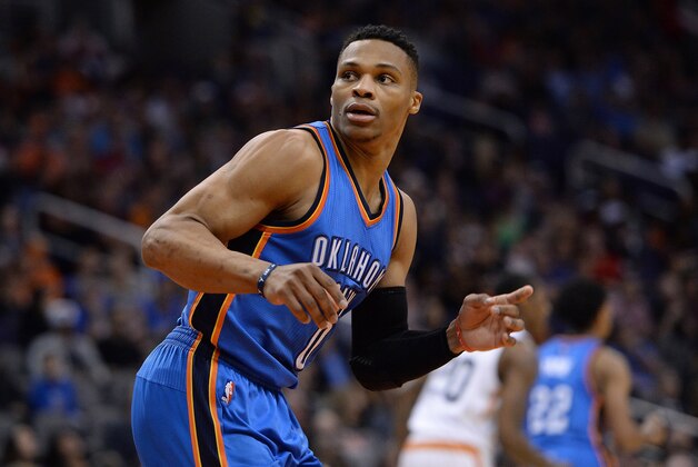 Feb 8, 2016; Phoenix, AZ, USA; Oklahoma City Thunder guard Russell Westbrook (0) waits a pass during the game against the Phoenix Suns at Talking Stick Resort Arena.  Oklahoma City won 122- 106.  Mandatory Credit: Jennifer Stewart-USA TODAY Sports