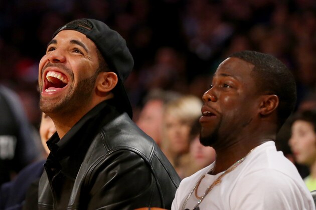 NEW ORLEANS, LA - FEBRUARY 16:  Drake and Kevin Hart attend the 2014 NBA All-Star game at the Smoothie King Center on February 16, 2014 in New Orleans, Louisiana. NOTE TO USER: User expressly acknowledges and agrees that, by downloading and or using this photograph, User is consenting to the terms and conditions of the Getty Images License Agreement.  (Photo by Ronald Martinez/Getty Images)