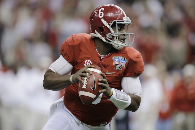 Alabama quarterback Blake Sims (6) works against Ohio State in the first half of the Sugar Bowl NCAA college football playoff semifinal game, Thursday, Jan. 1, 2015, in New Orleans. (AP Photo/Jamie Martin)
