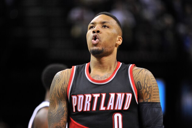 Portland Trail Blazers guard Damian Lillard (0) plays in the first half of an NBA basketball game Monday, Feb. 8, 2016, in Memphis, Tenn. (AP Photo/Brandon Dill)