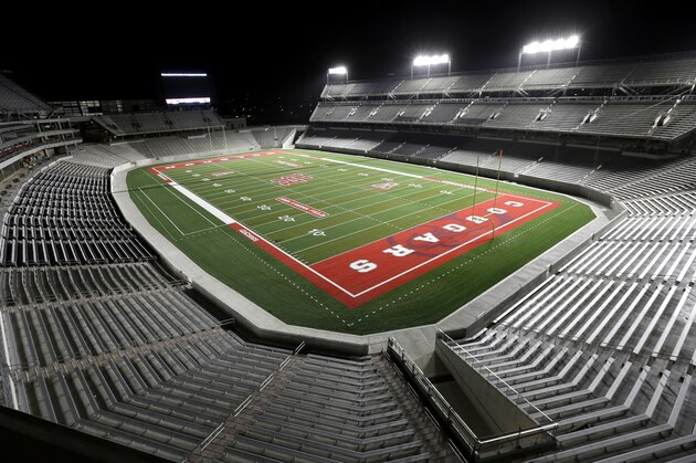 TDECU Stadium, the new football stadium for the NCAA college football Houston Cougars, is shown Wednesday, Aug. 20, 2014, in Houston. Houston will open their season in the new stadium Friday, Aug. 29th when they play Texas-San Antonio. (AP Photo/David J. Phillip)