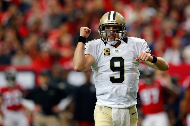 ATLANTA, GA - JANUARY 03:  Drew Brees #9 of the New Orleans Saints celebrates a touchdown during the first half against the Atlanta Falcons at the Georgia Dome on January 3, 2016 in Atlanta, Georgia.  (Photo by Kevin C. Cox/Getty Images)