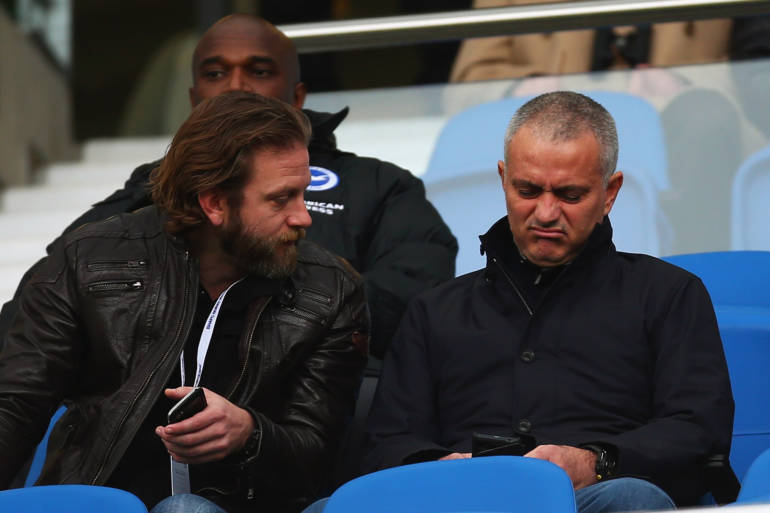 BRIGHTON, ENGLAND - DECEMBER 19:  Former Chelsea manager Jose Mourinho (R) looks on from the stands prior to the Sky Bet Championship match between Brighton and Hove Albion and Middlesbrough at Amex Stadium on December 19, 2015 in Brighton, United Kingdom.  (Photo by Jordan Mansfield/Getty Images)