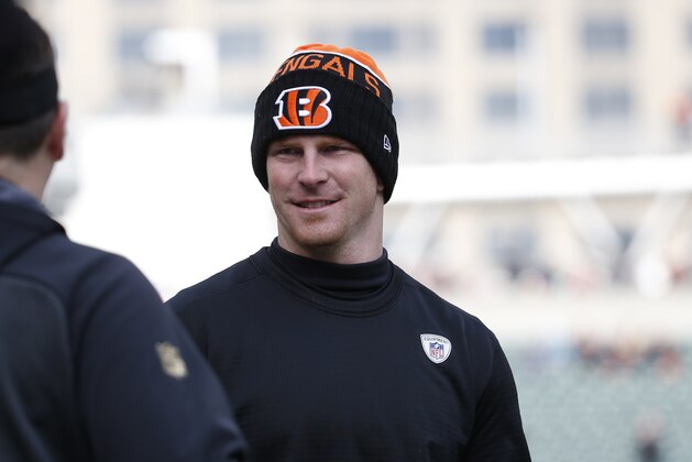 Cincinnati Bengals quarterback Andy Dalton attends practice before an NFL football game against the Baltimore Ravens, Sunday, Jan. 3, 2016, in Cincinnati. (AP Photo/Frank Victores)