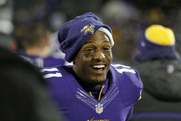 Minnesota Vikings wide receiver Mike Wallace (11) reacts on the sidelines during the second half of an NFL football game against the New York Giants, Sunday, Dec. 27, 2015, in Minneapolis. The Vikings won 49-17. (AP Photo/Ann Heisenfelt)