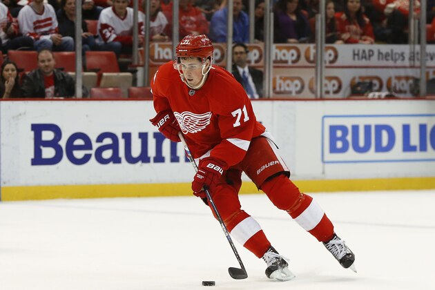 Detroit Red Wings center Dylan Larkin (71) skates against the Florida Panthers in the second period of an NHL hockey game, Monday, Feb. 8, 2016 in Detroit. (AP Photo/Paul Sancya)