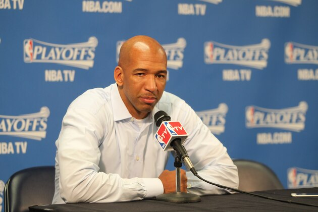 NEW ORLEANS, LA - APRIL 25:  Head Coach Monty Williams of the New Orleans Pelicans speaks to the media before Game Four of the Western Conference Quarterfinals against the Golden State Warriors during the 2015 NBA Playoffs on April 25, 2015 at the Smoothie King Center in New Orleans, Louisiana. NOTE TO USER: User expressly acknowledges and agrees that, by downloading and or using this Photograph, user is consenting to the terms and conditions of the Getty Images License Agreement. Mandatory Copyright Notice: Copyright 2015 NBAE (Photo by Layne Murdoch/NBAE via Getty Images)
