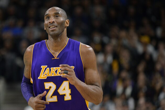 Los Angeles Lakers guard Kobe Bryant runs up court during the second half of an NBA basketball game against the San Antonio Spurs, Saturday, Feb. 6, 2016, in San Antonio. San Antonio won 106-102. (AP Photo/Darren Abate)