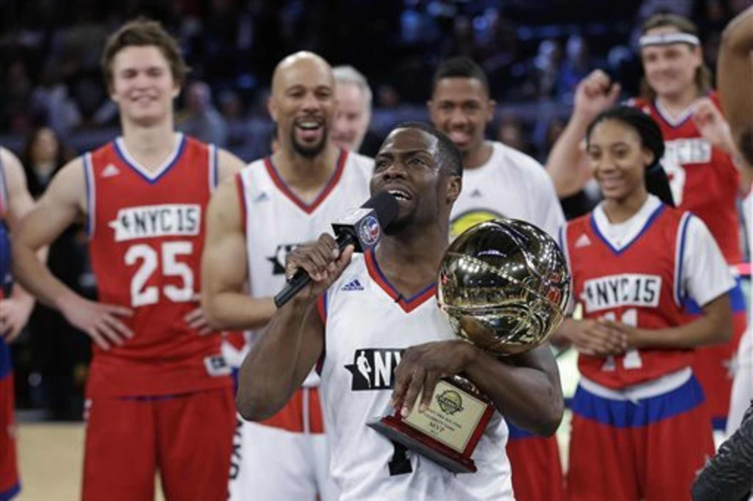 Kevin Hart reacts after being named game MVP of the NBA All-Star celebrity basketball game Friday, Feb. 13, 2015, in New York. (AP Photo/Frank Franklin II)