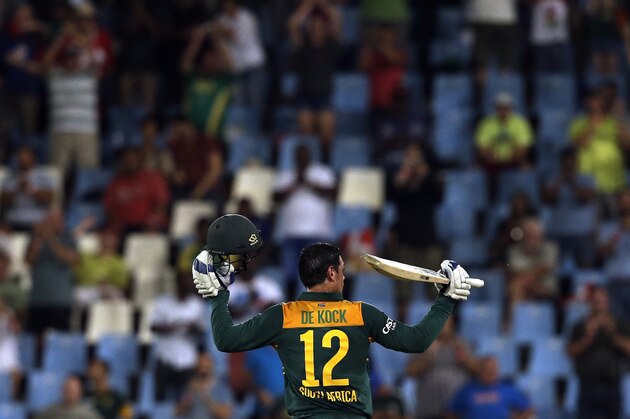 South Africa’s batsman Quinton de Kock, celebrates his century during the 3rd One Day International cricket match between South Africa and England at the Centurion Park stadium in Pretoria, South Africa, Tuesday, Feb. 9, 2016. (AP Photo/Themba Hadebe)