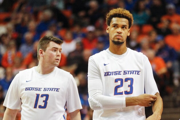 Boise State's Nick Duncan (13) and James Webb III (23) move up the court during a break in the action of the second half of an NCAA college basketball game in Boise, Idaho, on Saturday, Jan. 30, 2016. New Mexico won 88-83. (AP Photo/Otto Kitsinger)