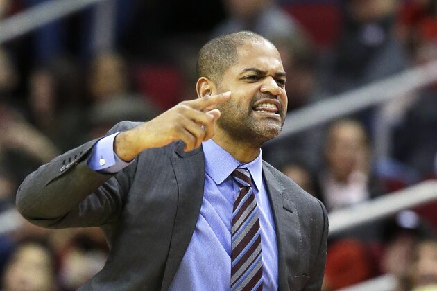 Houston Rockets interim head coach J.B. Bickerstaff yells at a referee in the second half of an NBA basketball game against the Portland Trail Blazers Saturday, Feb. 6, 2016, in Houston. Portland won 96-79. (AP Photo/Pat Sullivan)