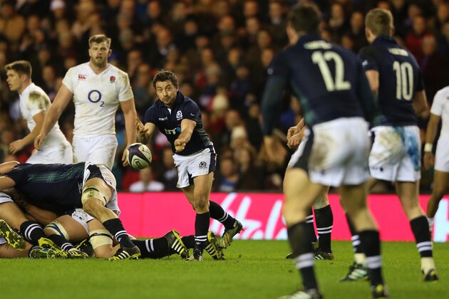 EDINBURGH, SCOTLAND - FEBRUARY 06:  Greig Laidlaw of Scotland passes the ball out to his backs during the RBS Six Nations match between Scotland and England at Murrayfield Stadium on February 6, 2016 in Edinburgh, Scotland.  (Photo by David Rogers/Getty Images)