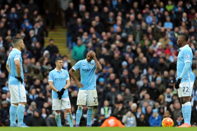 MANCHESTER, ENGLAND - FEBRUARY 06:  A dejected Fernandinho of Manchester City after Leicester City scored their third goal during the Barclays Premier League match between Manchester City and Leicester City at the Etihad Stadium on February 06, 2016 in Manchester, England.  (Photo by Matthew Ashton - AMA/Getty Images)