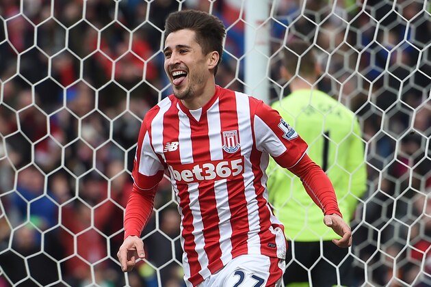 Stoke City's Spanish striker Bojan Krkic celebrates after scoring the opening goal of the English Premier League football match between Stoke City and Manchester United at the Britannia Stadium in Stoke-on-Trent, central England on December 26, 2015.  / AFP / PAUL ELLIS        (Photo credit should read PAUL ELLIS/AFP/Getty Images)