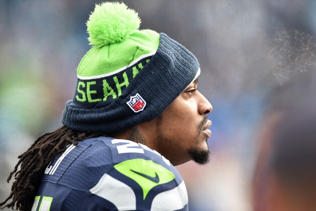 CHARLOTTE, NC - JANUARY 17:  Marshawn Lynch #24 of the Seattle Seahawks looks on before the NFC Divisional Playoff Game against the Carolina Panthers at Bank of America Stadium on January 17, 2016 in Charlotte, North Carolina.  (Photo by Ronald C. Modra/Sports Imagery/Getty Images)