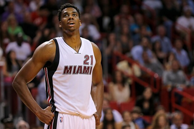 MIAMI, FL - DECEMBER 22: Hassan Whiteside #21 of the Miami Heat looks on during a game against the Detroit Pistons at American Airlines Arena on December 22, 2015 in Miami, Florida. NOTE TO USER: User expressly acknowledges and agrees that, by downloading and/or using this photograph, user is consenting to the terms and conditions of the Getty Images License Agreement. Mandatory copyright notice:  (Photo by Mike Ehrmann/Getty Images)