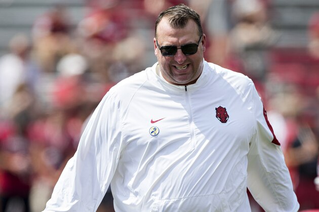 FAYETTEVILLE, AR - SEPTEMBER 5:  Head Coach Bret Bielema of the Arkansas Razorbacks watches his team warm up before a game against the UTEP Miners at Razorback Stadium on September 5, 2015 in Fayetteville, Arkansas.  The Razorbacks defeated the Miners 48-13.  (Photo by Wesley Hitt/Getty Images)