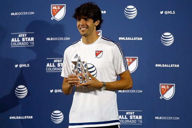 COMMERCE CITY, CO - JULY 29:  Kaka #22 of MLS All-Stars receives the MVP trophy for the 2015 AT&T Major League Soccer All-Star game at Dick's Sporting Goods Park on July 29, 2015 in Commerce City, Colorado. The MLS All-Stars defeated Tottenham Hotspur 2-1.  (Photo by Doug Pensinger/Getty Images)