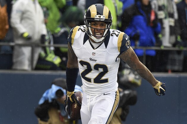 SEATTLE, WA - DECEMBER 27: Cornerback Trumaine Johnson #22 of the St. Louis Rams celebrates after intercepting a pass during the second quarter of the game against the Seattle Seahawks at CenturyLink Field on December 27, 2015 in Seattle, Washington. (Photo by Steve Dykes/Getty Images)