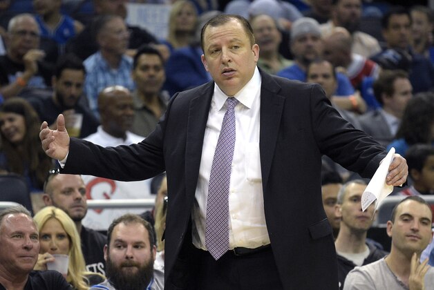 Chicago Bulls coach Tom Thibodeau reacts to a play during the second half of the Bulls' NBA basketball game against the Orlando Magic in Orlando, Fla., Wednesday, April 8, 2015. The Magic won 105-103.(AP Photo/Phelan M. Ebenhack)