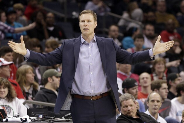 Chicago Bulls head coach Fred Hoiberg reacts to a call in the second half of an NBA basketball game against the Charlotte Hornets in Charlotte, N.C., Monday, Feb. 8, 2016. The Hornets won 108-91. (AP Photo/Chuck Burton)