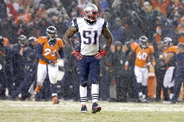 New England Patriots middle linebacker Jerod Mayo (51) walks to the sidelines after a Denver Broncos touchdown during the second half of an NFL football game, Sunday, Nov. 29, 2015, in Denver. (AP Photo/Joe Mahoney)