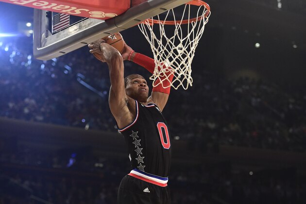 February 15, 2015; New York, NY, USA; Western Conference guard Russell Westbrook of the Oklahoma City Thunder (0) dunks during the second quarter of the 2015 NBA All-Star Game against the Eastern Conference at Madison Square Garden. Mandatory Credit: Bob Donnan-USA TODAY Sports