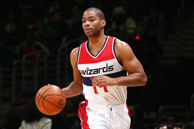 WASHINGTON, DC -  JANUARY 25: Gary Neal #14 of the Washington Wizards handles the ball during the game against the Boston Celtics on January 25, 2016 at Verizon Center in Washington, DC. NOTE TO USER: User expressly acknowledges and agrees that, by downloading and or using this Photograph, user is consenting to the terms and conditions of the Getty Images License Agreement. Mandatory Copyright Notice: Copyright 2016 NBAE (Photo by Ned Dishman/NBAE via Getty Images)