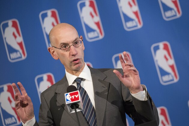 NBA Commissioner Adam Silver speaks at a news conference after an annual NBA basketball owners meeting, Friday, Oct. 23, 2015 in New York. (AP Photo/Mark Lennihan)