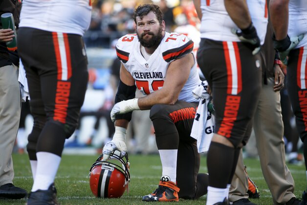 Cleveland Browns tackle Joe Thomas (73) takes a knee during a timeout during an NFL football game against the Pittsburgh Steelers, Sunday, Nov. 15, 2015, in Pittsburgh. (AP Photo/Gene J. Puskar)