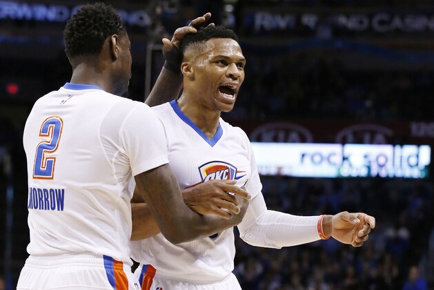 Oklahoma City Thunder guard Russell Westbrook, right, celebrates with teammate Anthony Morrow (2) in the second quarter of an NBA basketball game against the New Orleans Pelicans in Oklahoma City, Thursday, Feb. 11, 2016. (AP Photo/Sue Ogrocki) Oklahoma City Thunder guard Russell Westbrook, right, celebrates with teammate Anthony Morrow (2) in the second quarter of an NBA basketball game against the New Orleans Pelicans in Oklahoma City, Thursday, Feb. 11, 2016. (AP Photo/Sue Ogrocki)