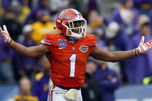 Florida defensive back Vernon Hargreaves (1) celebrates after he intercepted a pass to secure their 28-20 over East Caroline late in the second half of the Birmingham Bowl NCAA college football game, Saturday, Jan. 3, 2015, in Birmingham, Ala. (AP Photo/Butch Dill)