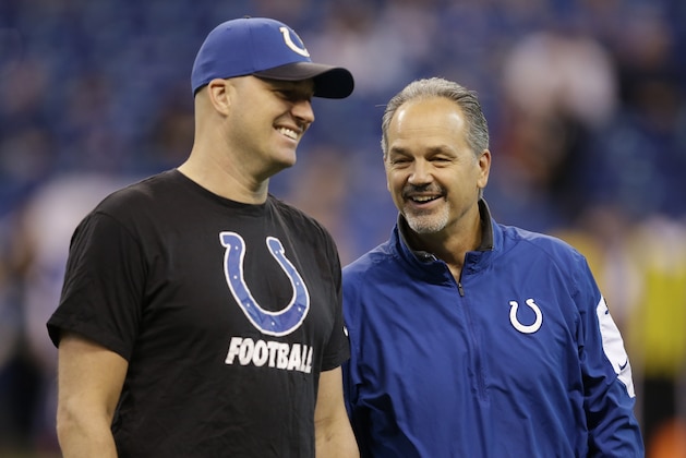 Indianapolis Colts head coach Chuck Pagano and quarterback Matt Hasselbeck (8) before an NFL football game against the Tennessee Titans in Indianapolis, Sunday, Jan. 3, 2016. (AP Photo/Darron Cummings)