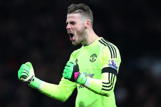 MANCHESTER, ENGLAND - FEBRUARY 02:  David De Gea of Manchester United celebrates his team's second goal during the Barclays Premier League match between Manchester United and Stoke City at Old Trafford on February 2, 2016 in Manchester, England.  (Photo by Alex Livesey/Getty Images)