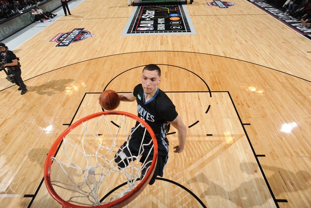 BROOKLYN, NY - FEBRUARY 14:  Zach LaVine #8 of the Minnesota Timberwolves dunks the ball during the Sprite Slam Dunk Contest on State Farm All-Star Saturday Night as part of the 2015 NBA All-Star Weekend on February 14, 2015 at Barclays Center in Brooklyn, New York. NOTE TO USER: User expressly acknowledges and agrees that, by downloading and/or using this photograph, user is consenting to the terms and conditions of the Getty Images License Agreement.  Mandatory Copyright Notice: Copyright 2015 NBAE (Photo by Andrew D. Bernstein/NBAE via Getty Images)
