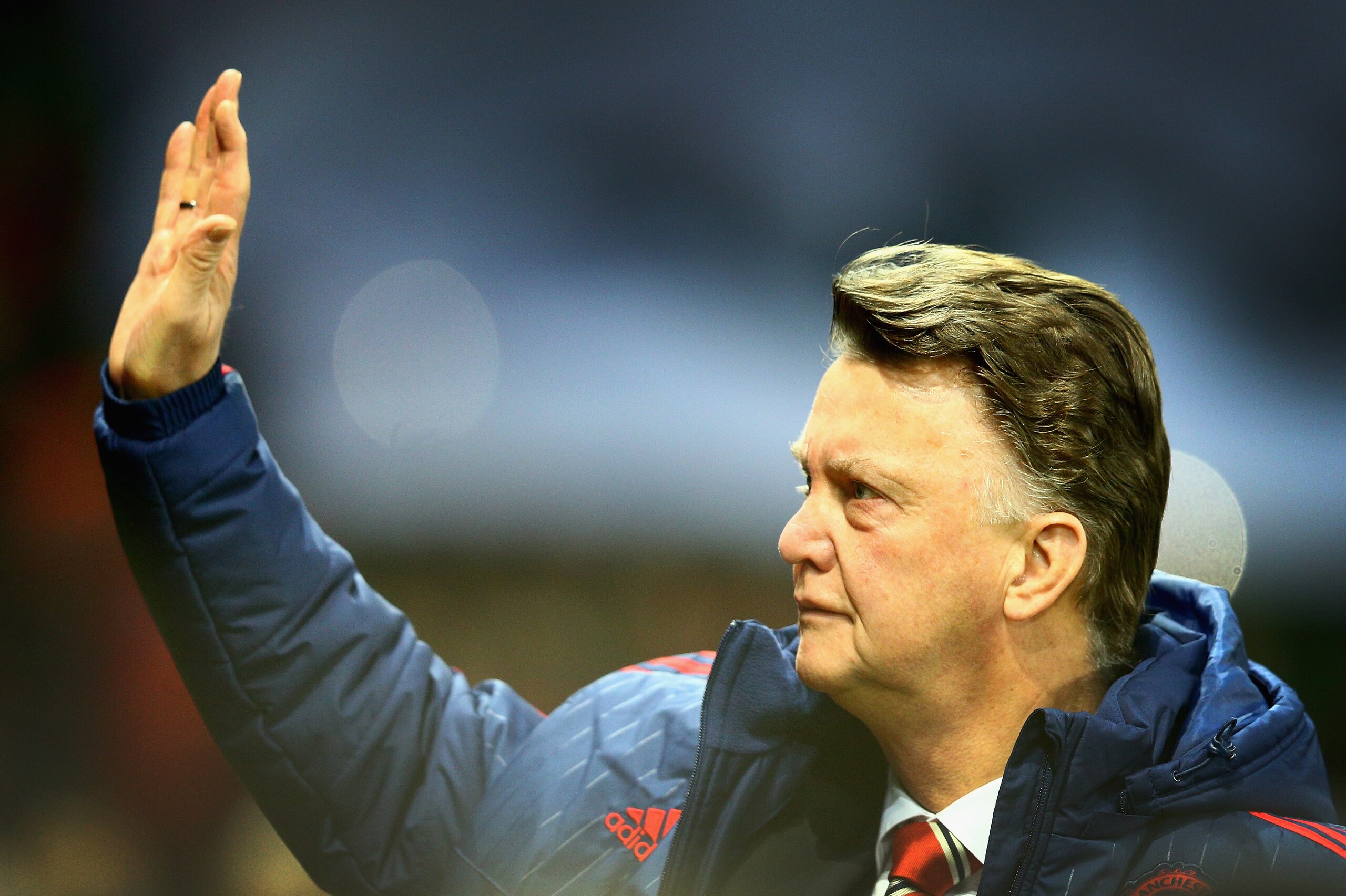 MANCHESTER, ENGLAND - FEBRUARY 02:  Louis van Gaal of Manchester United waves to the crowd before the Barclays Premier League match between Manchester United and Stoke City at Old Trafford on February 2, 2016 in Manchester, England.  (Photo by Clive Mason/Getty Images)