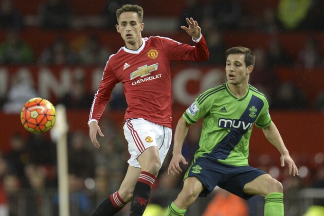 Manchester United's Belgian midfielder Adnan Januzaj (L) plays the ball during the English Premier League football match between Manchester United and Southampton at Old Trafford in Manchester, north west England, on January 23, 2016. AFP PHOTO / OLI SCARFF

RESTRICTED TO EDITORIAL USE. No use with unauthorized audio, video, data, fixture lists, club/league logos or 'live' services. Online in-match use limited to 75 images, no video emulation. No use in betting, games or single club/league/player publications. / AFP / OLI SCARFF        (Photo credit should read OLI SCARFF/AFP/Getty Images)