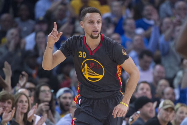 February 9, 2016; Oakland, CA, USA; Golden State Warriors guard Stephen Curry (30) celebrates against the Houston Rockets during the first quarter at Oracle Arena. Mandatory Credit: Kyle Terada-USA TODAY Sports