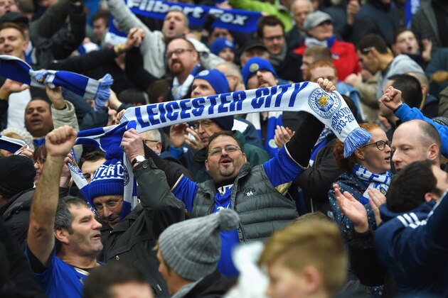MANCHESTER, ENGLAND - FEBRUARY 06:  Leicester City supporters celebrate their team's win in the Barclays Premier League match between Manchester City and Leicester City at the Etihad Stadium on February 6, 2016 in Manchester, England.  (Photo by Michael Regan/Getty Images)