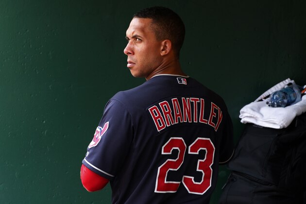 Cleveland Indians' Michael Brantley stands in the dugout before a baseball game against the Pittsburgh Pirates in Pittsburgh Sunday, July 5, 2015. The Pirates won 5-3. (AP Photo/Gene J. Puskar)
