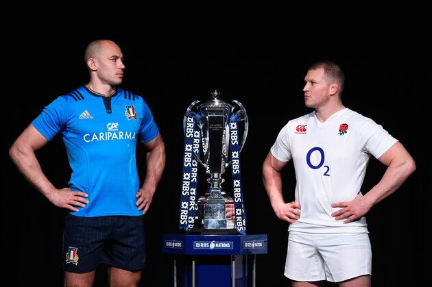 LONDON, ENGLAND - JANUARY 27:  Sergio Parisse, captain of Italy and Dylan Hartley, captain of England pose with the trophy during the RBS Six Nations launch at The Hurlingham Club on January 27, 2016 in London, England.  (Photo by Stu Forster/Getty Images)