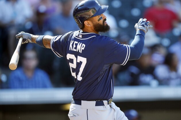 San Diego Padres' Matt Kemp follows the flight of his double off Colorado Rockies starting pitcher David Hale during a baseball game, Sunday, Sept. 20, 2015, in Denver. San Diego won 10-4. (AP Photo/David Zalubowski)