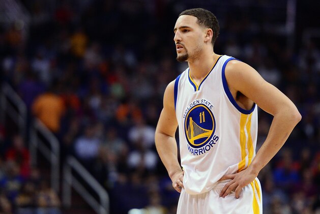 Feb 10, 2016; Phoenix, AZ, USA; Golden State Warriors guard Klay Thompson (11) reacts on the court during the game against the Phoenix Suns at Talking Stick Resort Arena. The Golden State Warriors won 112-104. Mandatory Credit: Jennifer Stewart-USA TODAY Sports