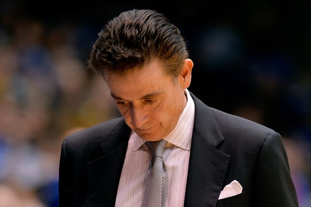 DURHAM, NC - FEBRUARY 08:  Head coach Rick Pitino of the Louisville Cardinals watches his team during their game against the Duke Blue Devils at Cameron Indoor Stadium on February 8, 2016 in Durham, North Carolina. Duke won 72-65.  (Photo by Grant Halverson/Getty Images)
