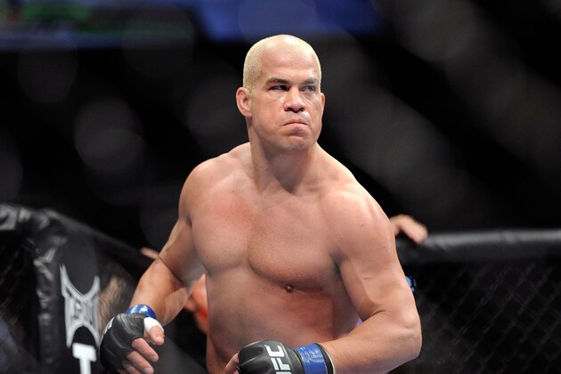 Tito Ortiz eyes his opponent, Forrest Griffin before his UFC 148 light heavyweight fight Saturday, July 7, 2012, in Las Vegas. Griffin won the bout by a unanimous decision. (AP Photo/David Becker)